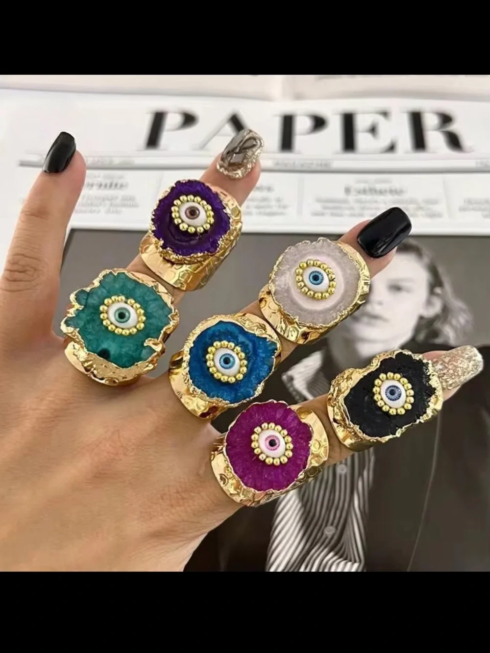 New! Black Synthetic Geode Agate Druzy Gold Plated Evil Eye Statement Ring